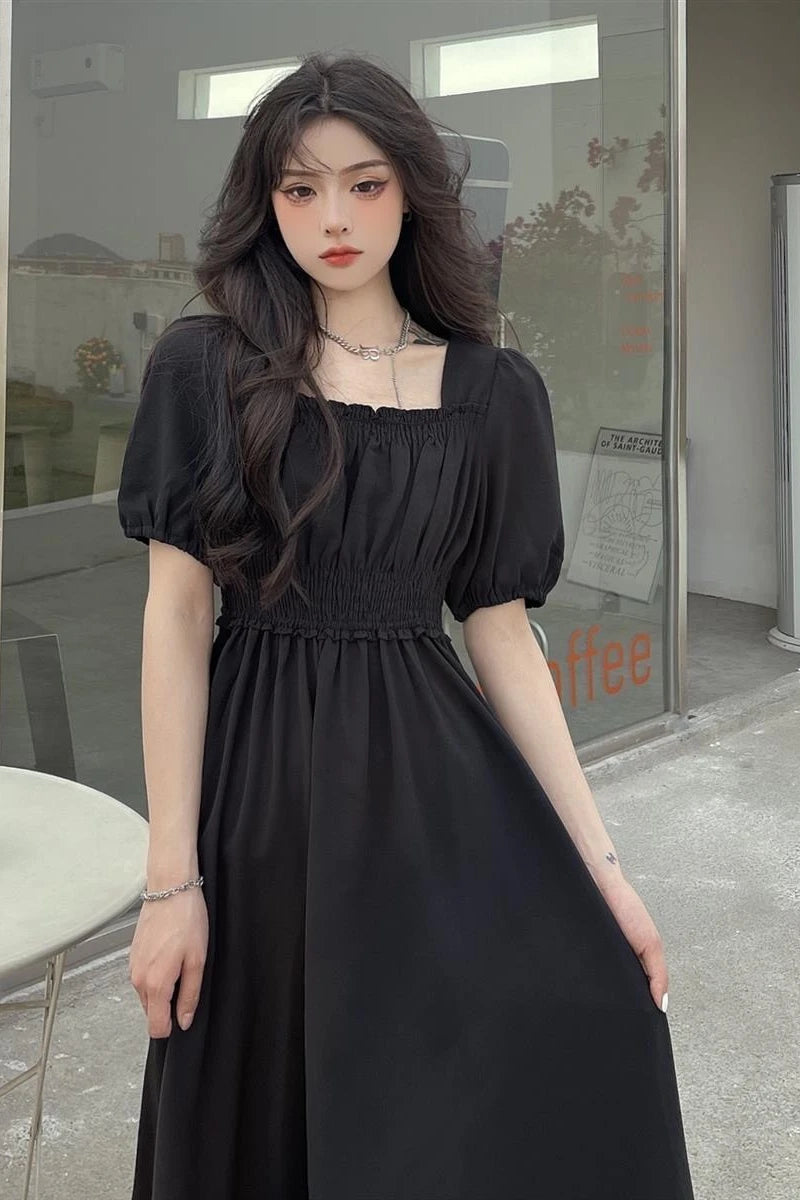 Sweet Retro Hepburn Sle Square Collar Dr Waist-Cinching Long Bla Dr Initial Love Tea Break Faionable Summer Dr