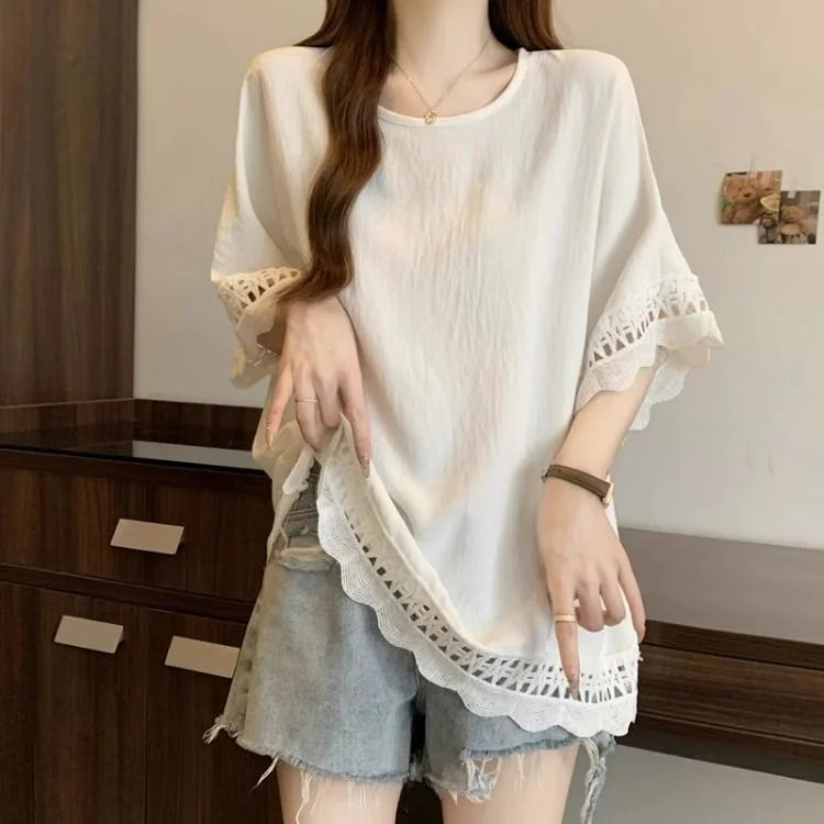 Lace Hollow out Texture ort Sve Women's T-irt Summer plus Size Conceals Belly Slimming Faionable Top Korean Sle
