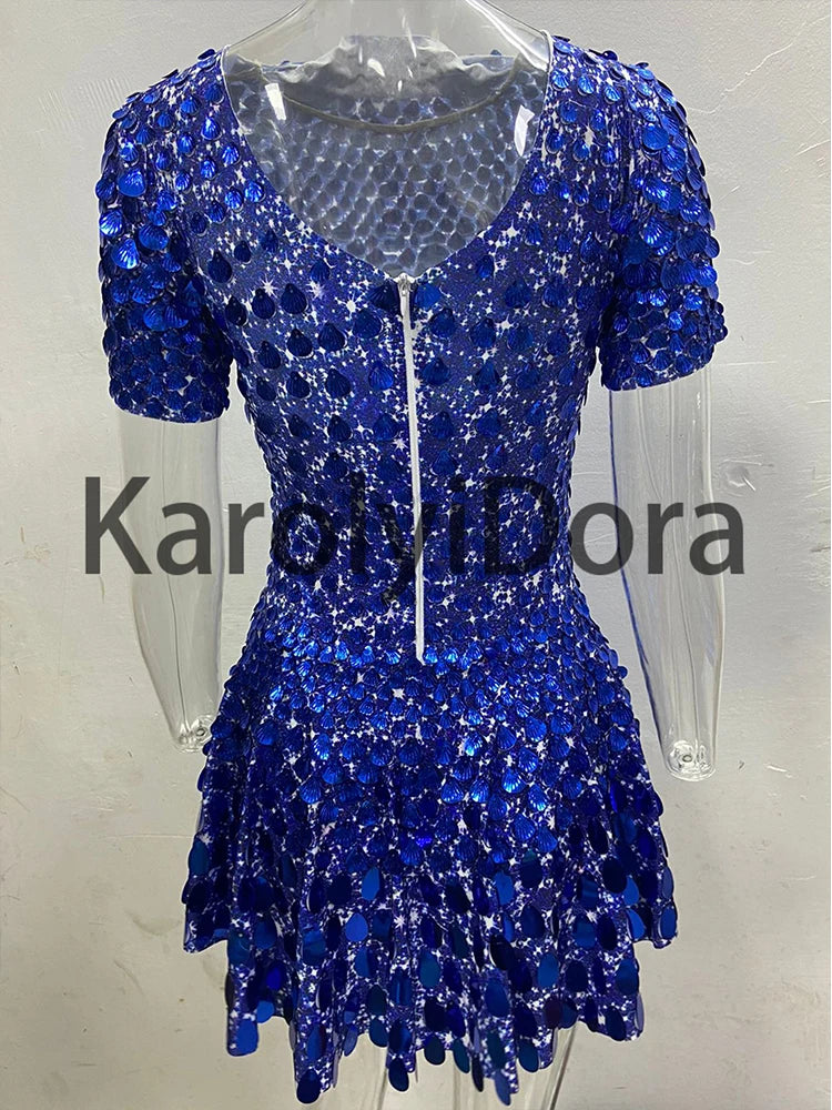 Sexy Black Shell Sequins Mini Dress Nightclub Dance High Quality Performance Clothing Bodysuit Birthday Red Dresses