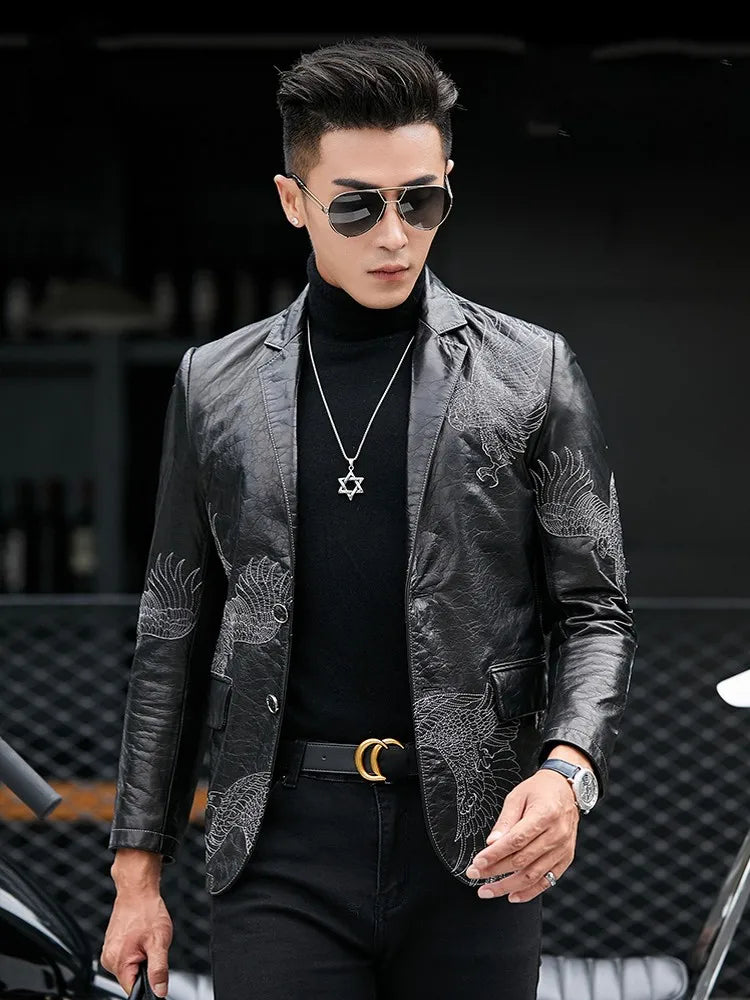Business Men Fashion Eagle Embroidery Blazer Jacket Slim Fit Work Suit Coat Spring Autumn Natural Cowhide Genuine Leather Jacket