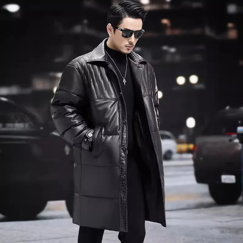 Winter Mens Sheepskin Genuine Leather Down Coat Thicken Warm Single Breasted Turn-Down Collar Medium Length Overcoat Size 5XL