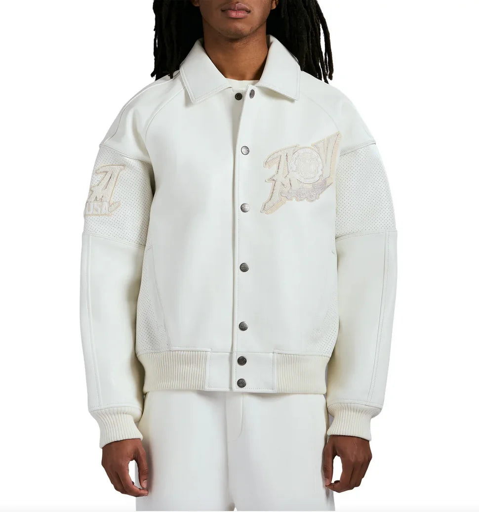 AVIREX Spring 2025 New ListingGold Club chenille embroidery100% antique European lamb leather jacket men's white leather coat