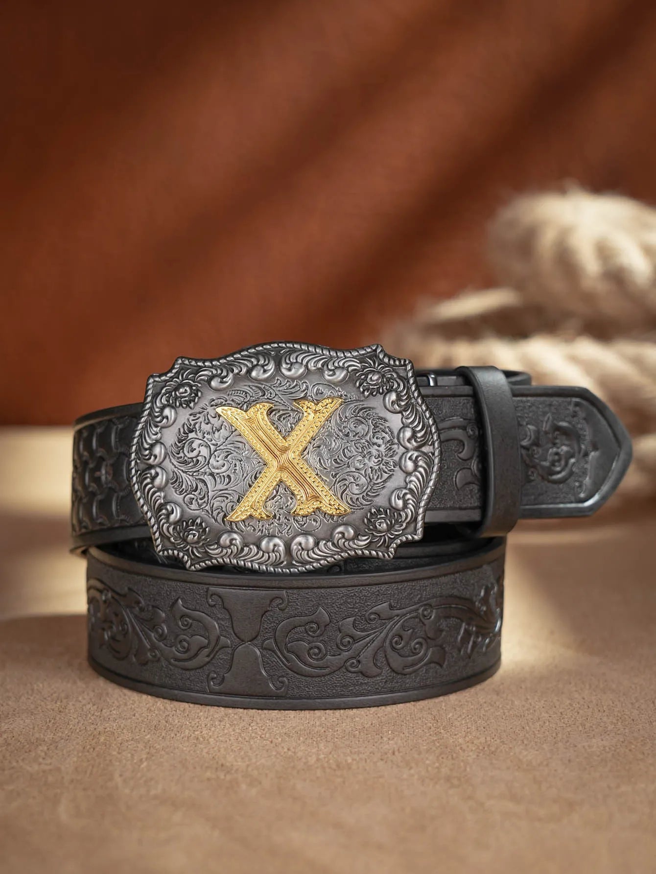 Western Cowboy PU Leather Belt - Men Waist Strap Bull Decoration Floral Engraved for Jeans
