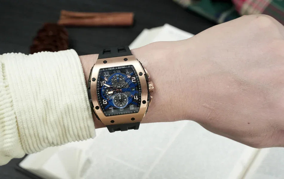 TSAR BOMBA Luxury Mens Watch Top Brand Wristwatch Tonneau Clock Rubber Strap Chronograph Sapphire Watches for Men