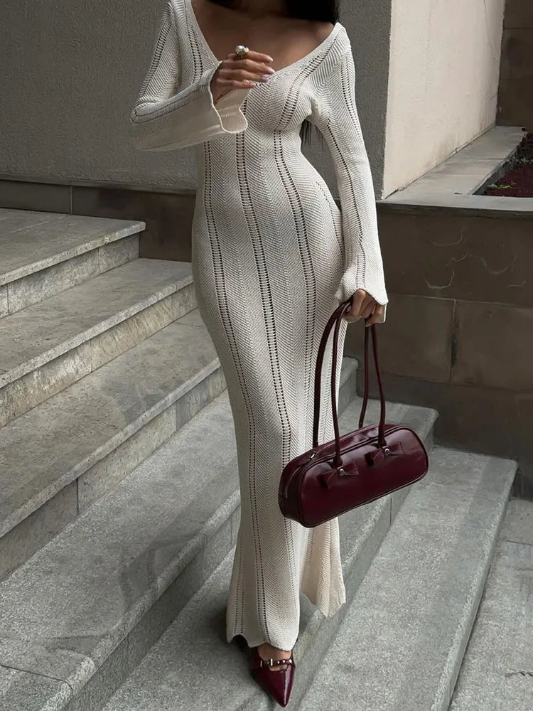Knitted Hollow Out Maxi Dress – Women's Long Sleeve Off Shoulder Slim Fit.White/Black