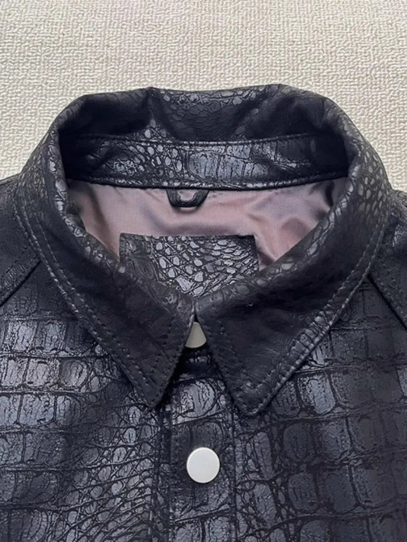 Soft Alligator Pattern Sheepskin Genuine Leather Jacket Men Slim Fit Single Breasted Business Casual Work Natural Leather Tops