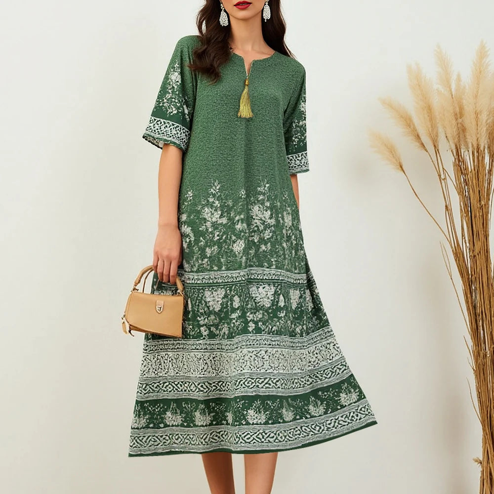 Rafiah Women's Dresses Summer Elegant Fashion 2025 Floral Youthful Short Sleeve V-Neck A Line Midi Vacation Long Dresses