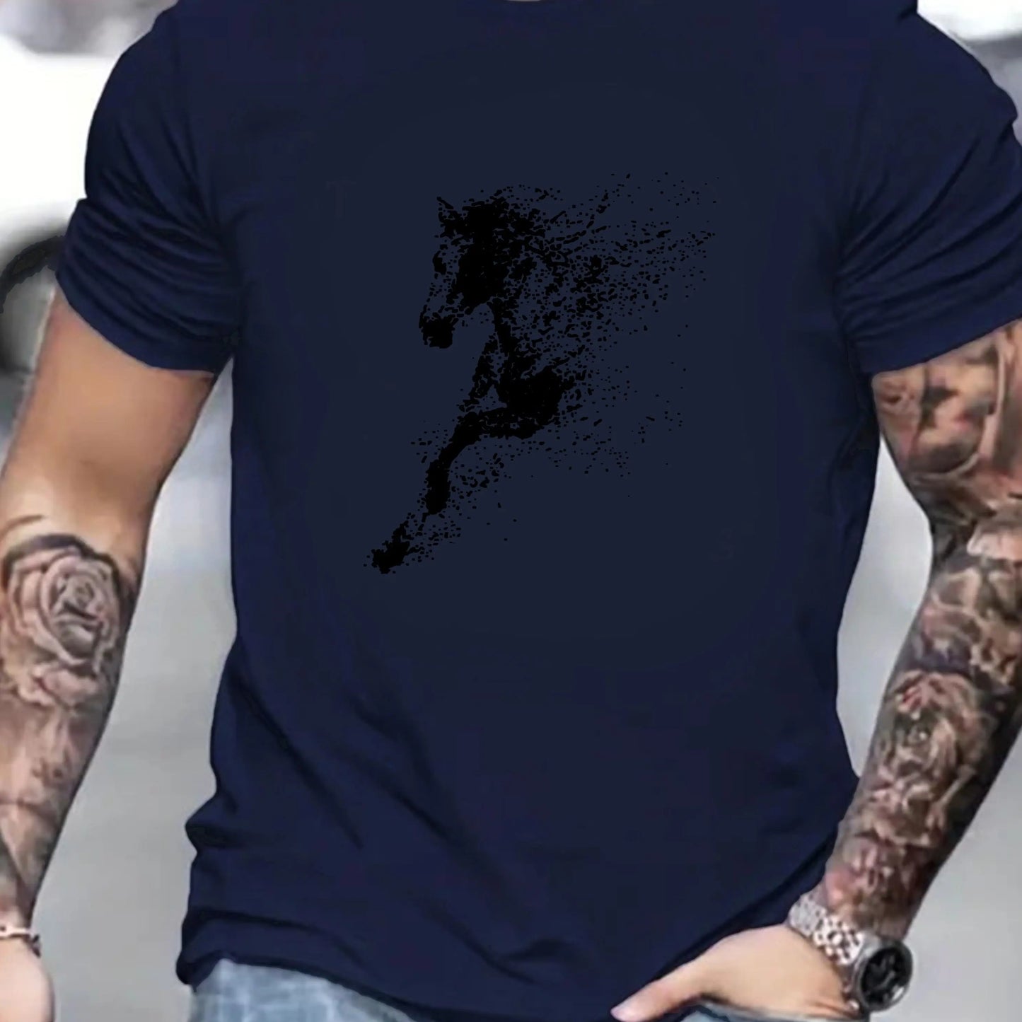 Men's Summer 100% Cotton Fashionable Casual Loose Large Black Horse Pattern Printed Round Neck Short Sleeve T-shirt Top