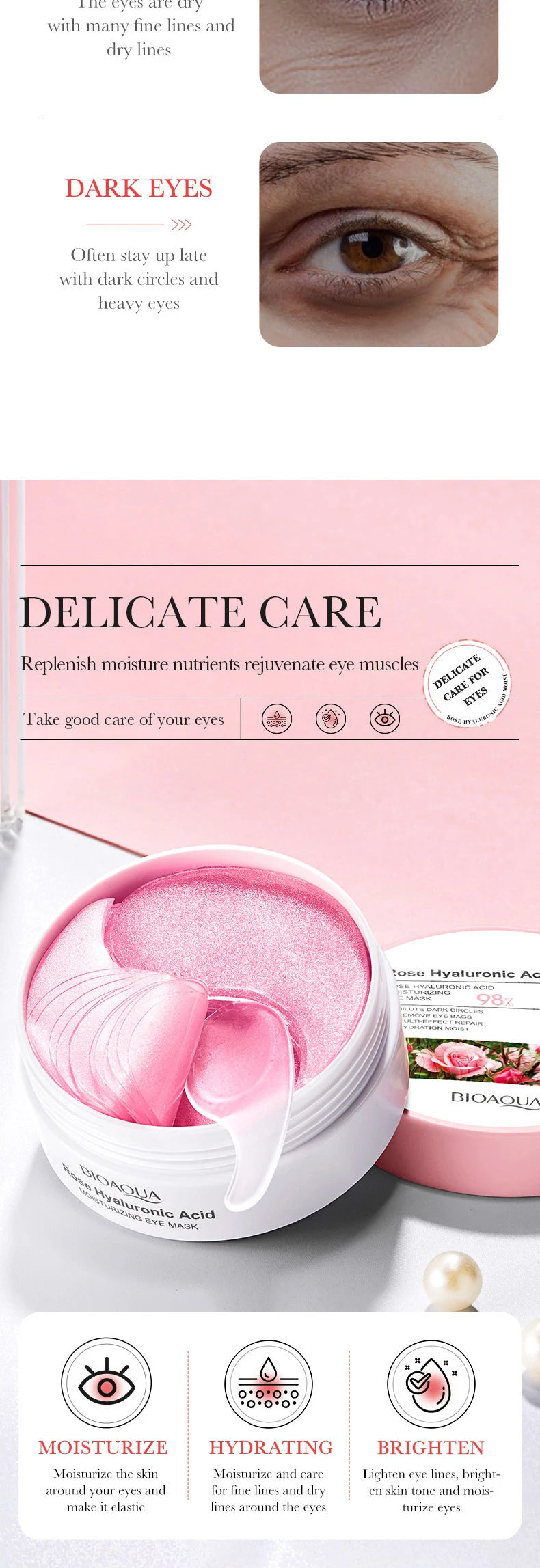 60pcs BIOAQUA Rose Hyaluronic Acid Eye Mask Anti Dark Circles Eye Bags Moisturizing Firming Eye Patches Skin Care Products