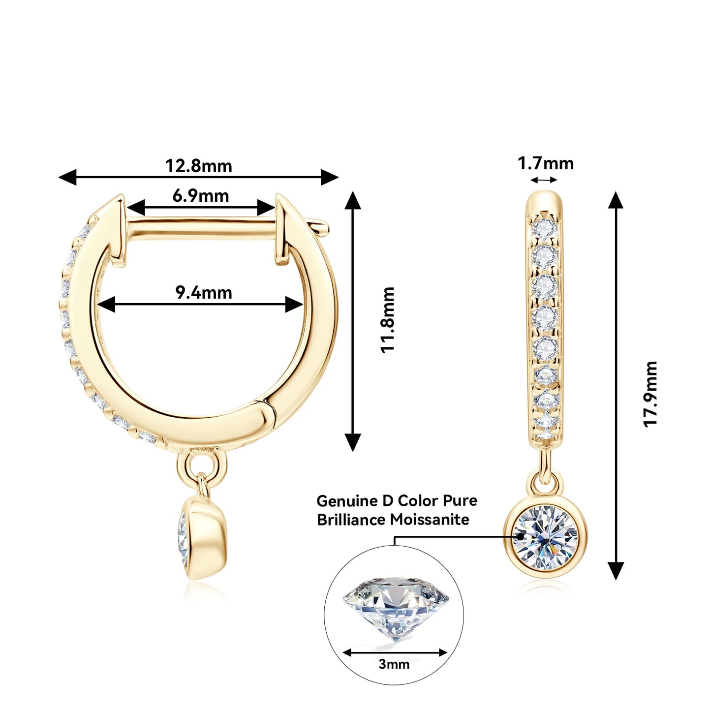 Lnngy 925 Sterling Silver Dangle Earring 1CT 2CT Round Bezel Setting Moissanite Drop Earrings For Women Girl Birthday Party Gift