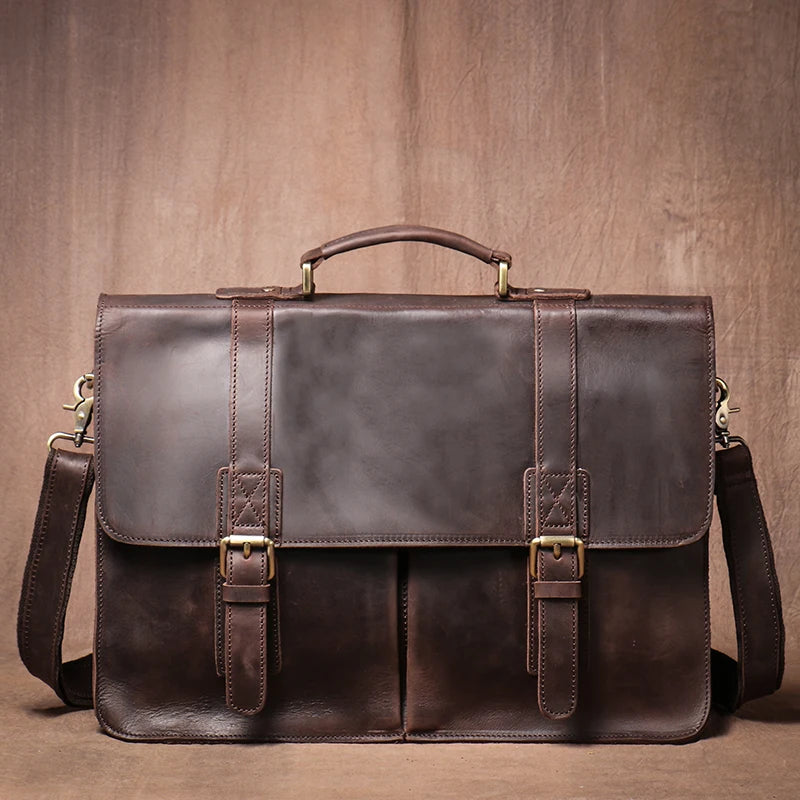 LUOKIR Vintage Crazy Horse Briefcase Travel Genuine Leather Handbag Luxury Men's Messenger Computer Shoulder Bag 14 Inch Laptop