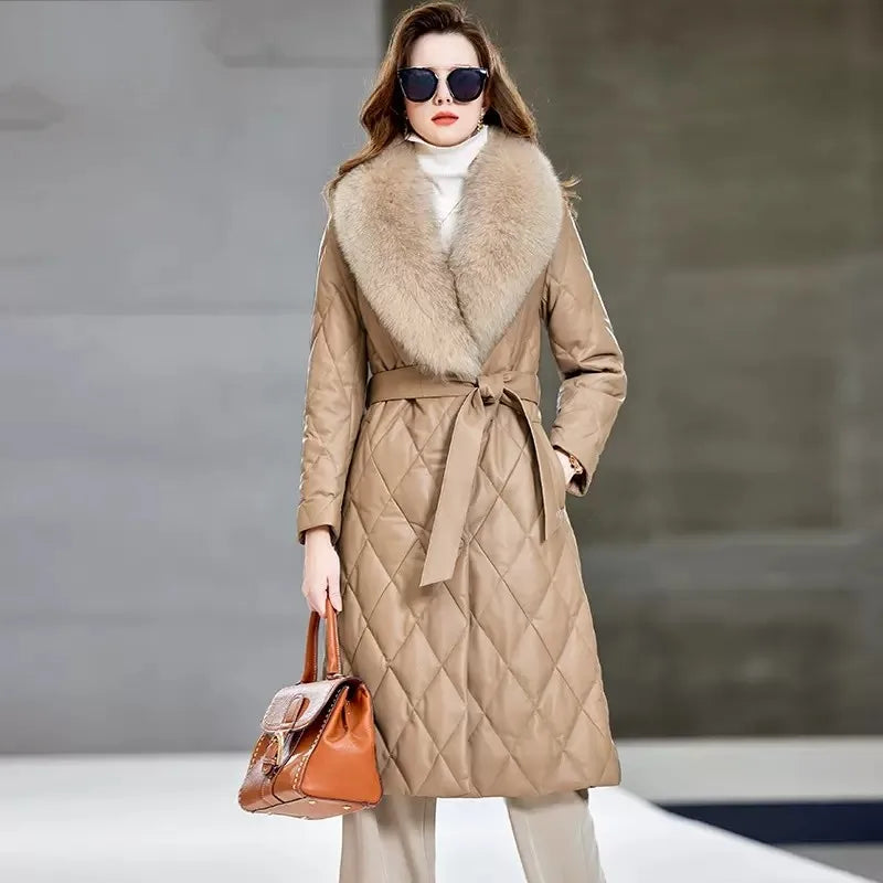 Women Winter Warm Sheepskin Long Down Jacket Belted Fox Fur Collar Elegant Lady Genuine Leather Overcoat Windproof Trench Coat