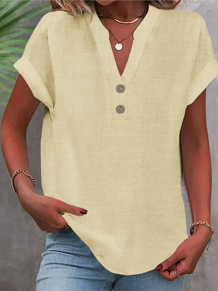 Cotton Linen Short Sleeved Breathable Shirt Summer Solid Color Fashion Stand Up Collar Button Down Women's Casual Office Shirt