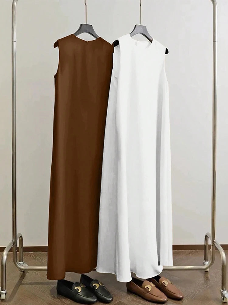 Rafiah Spring Summer Simple K-Fashion Casual Arabic Style Dress Sleeveless Round Neck Solid Color Shift Midi Daily Shift Dresses