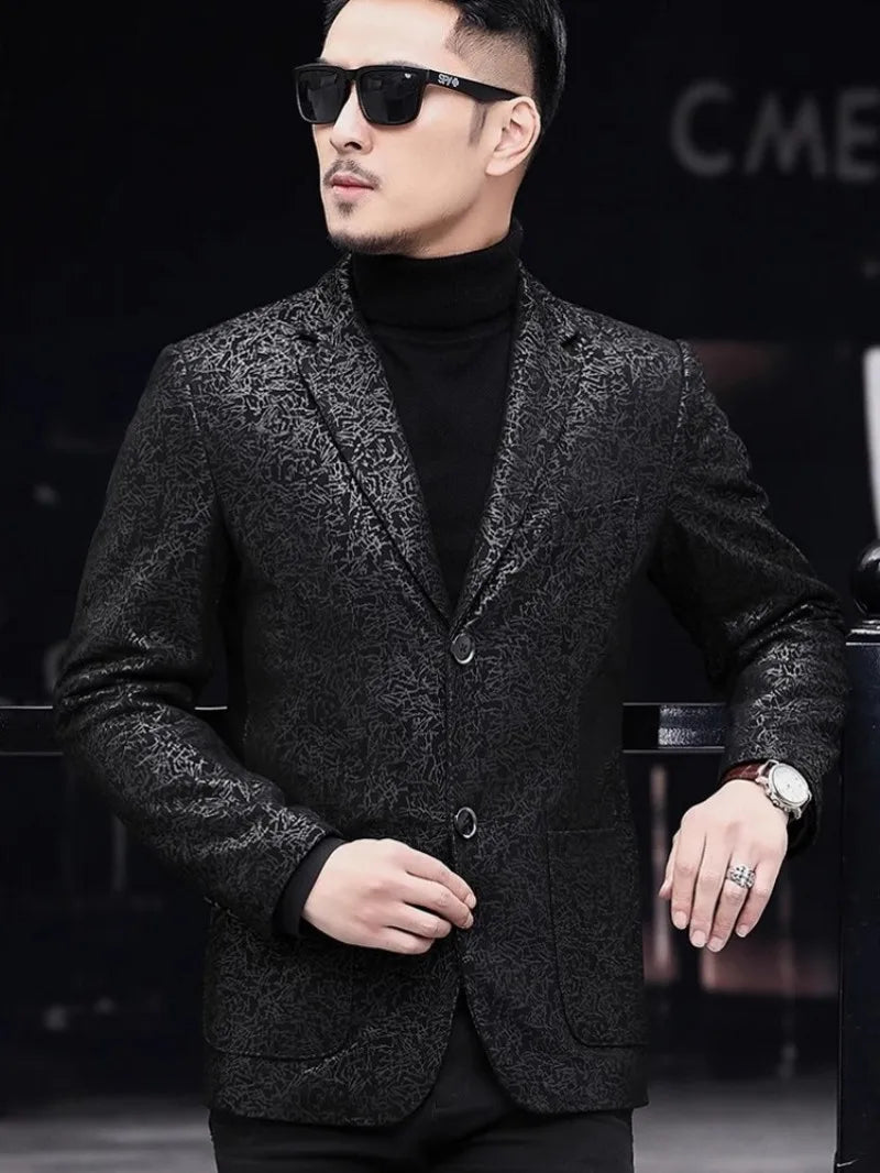 Business Men Work Slim Fit Real Sheepskin Genuine Leather Jacket Spring Autumn Floral Printed Single Breasted Blazer Suit Coat