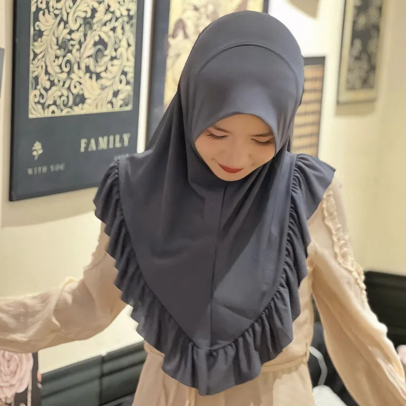Muslim Hijab for Women Ruffle Turban Islamic Headwraps Arab Headband Big Khimar One Piece Scarf Shawl Solid Color