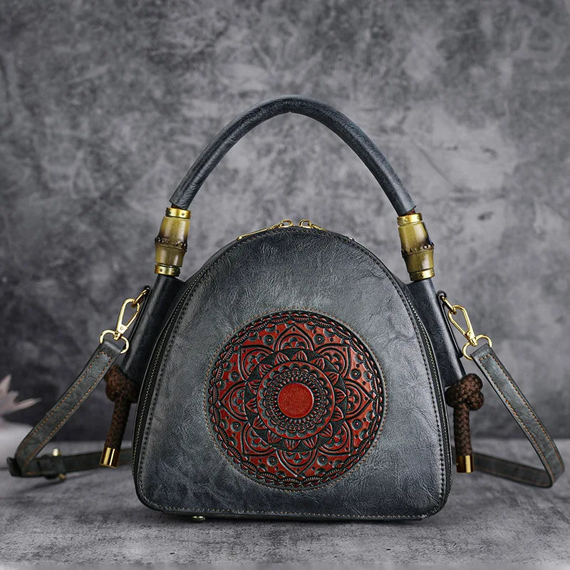 MOTAORA Bamboo Top Handle Embossed Leather Shoulder Bag, Vintage Bohemian Crossbody Purse for Women Handmade Large Capacity Tote