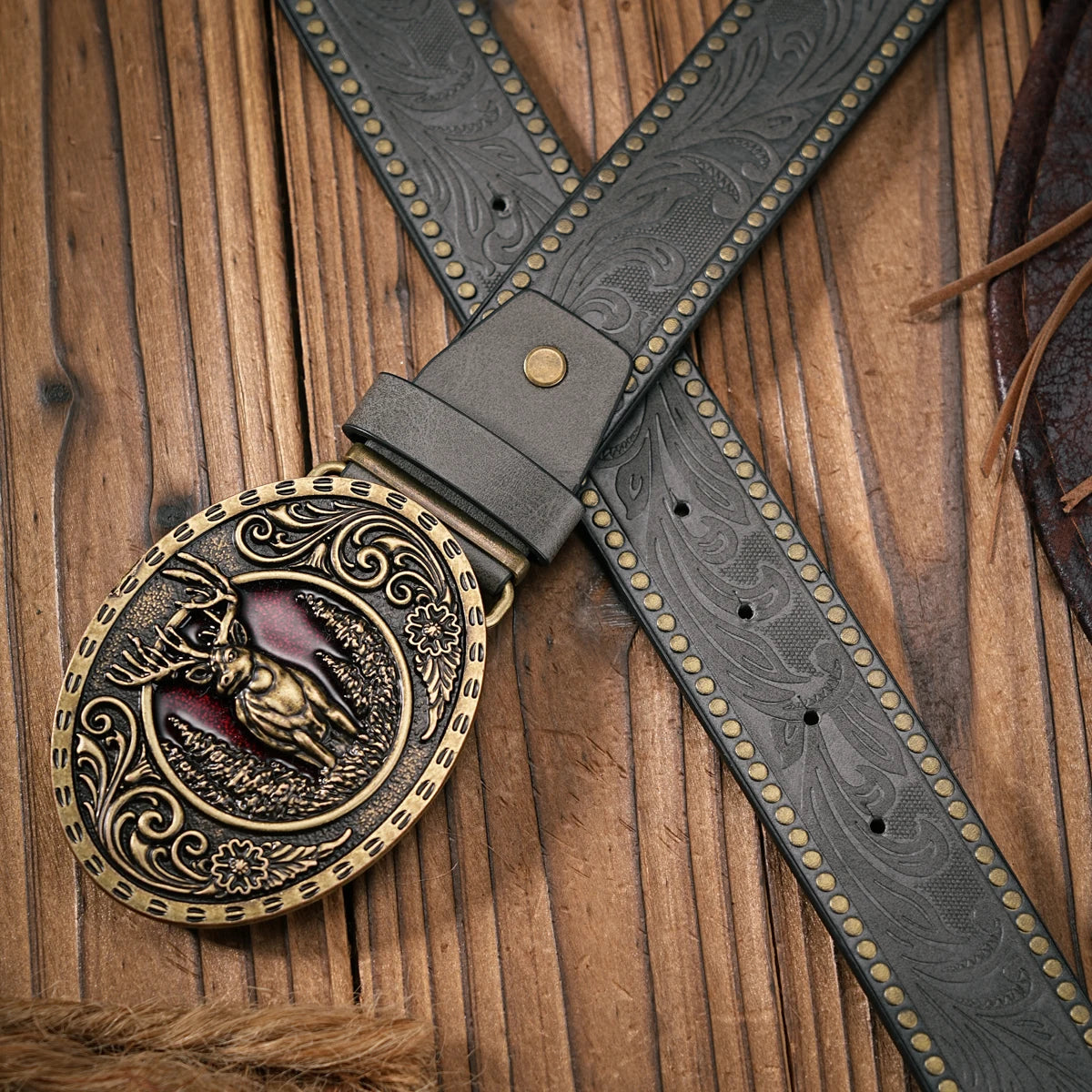 Men - Women - Western Denim - pu leather - Belt - Vintage jeans with floral carved buckle belt