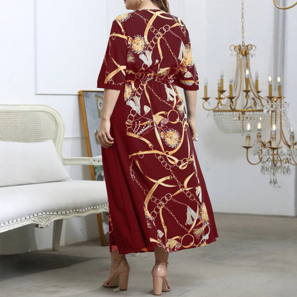 Plus Size Rafiah Women's Summer Long Dress 2025 Fashion V-Neck Half Sleeve A-Line Maxi Full Print Vacation Dress