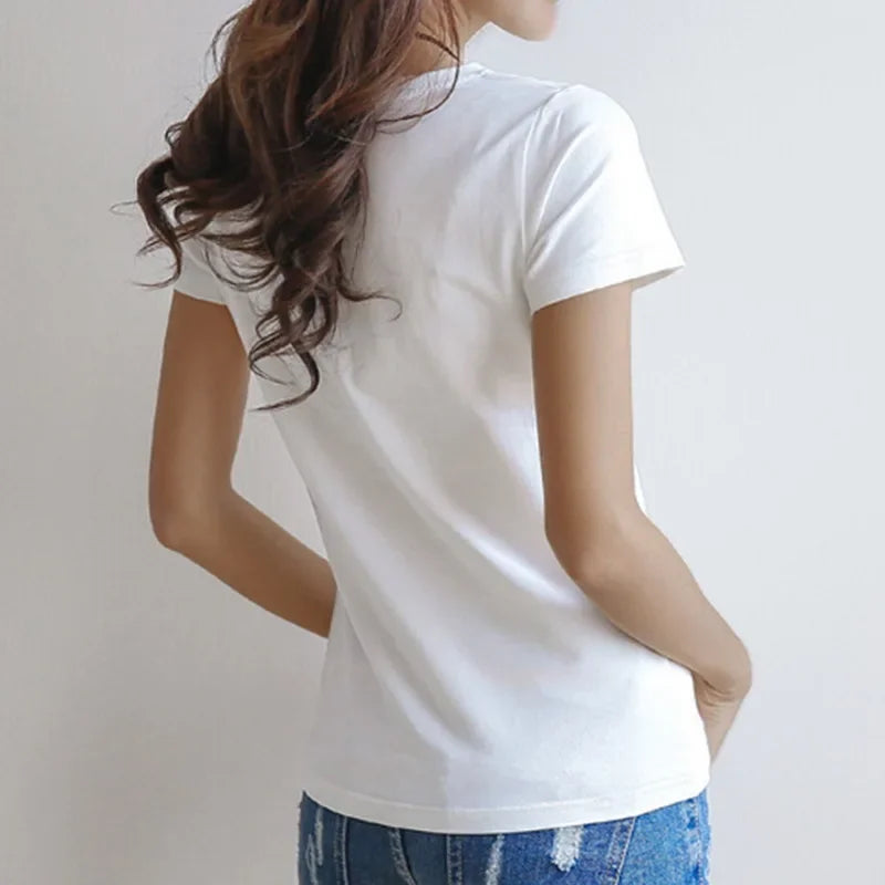 Women Short Sleeves T-shirt Bottoming Shirt Round Neck or V Neck Shirt Black White Solid Color Top Homewear T-shirt