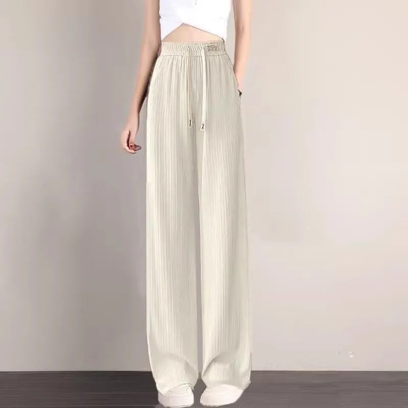 High Quali Ice Silk Wide Leg Pants Women's Straight Leg Casual Trousers Summer New Sle Trendy High Waist Nine Points