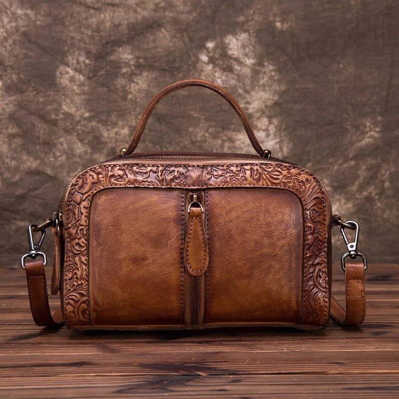 MOTAORA Genuine Leather Women Shoulder Bag Vintage Embossed Bags For Female Hand-painted Retro Crossbody Bag Ladies handbag