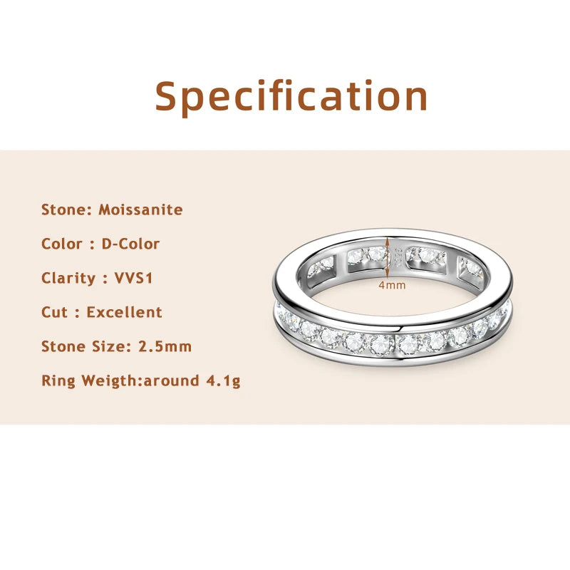 Lnngy 2.5mm Moissanite Diamond Rings Certified 925 Sterling Silver Eternity Band For Women Couples Wedding Ring Jewelry Gift
