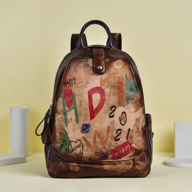 MOTAORA 2025 New Retro Genuine Leather Backpack For Women Hand-painted Graffiti Design Cowhide Travel Bag For Everyday Use