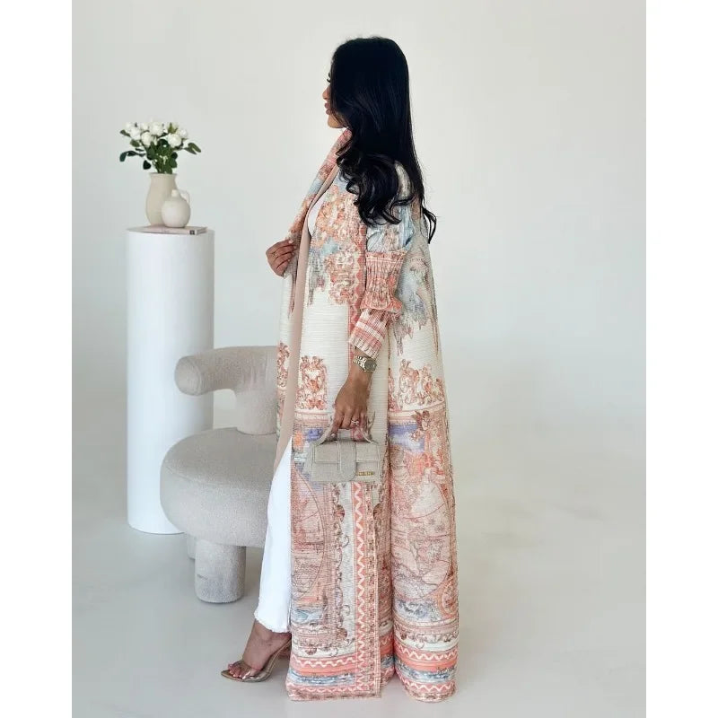 KAF Pleated Women Abaya 2025 Spring Fall New Fashion Retro Printed Cardigan Design Loose Large Size Arab Luxury Robe Female