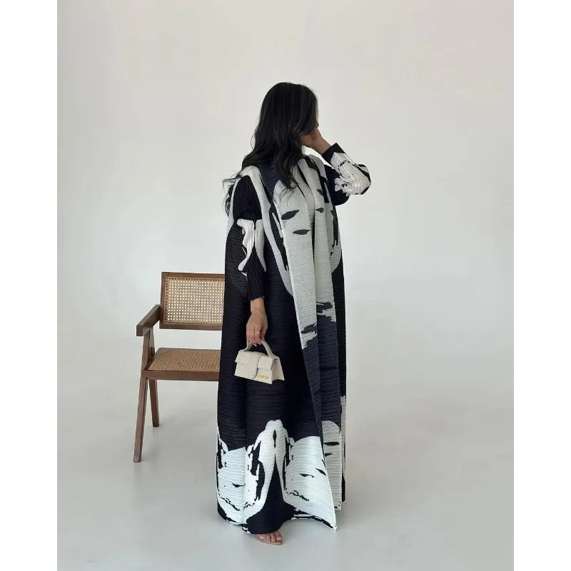 KAF Women Large Size Abaya 2025 Spring Autumn New Retro Printing Cardigan Tie Original Design Dubai Luxury Female Abaya