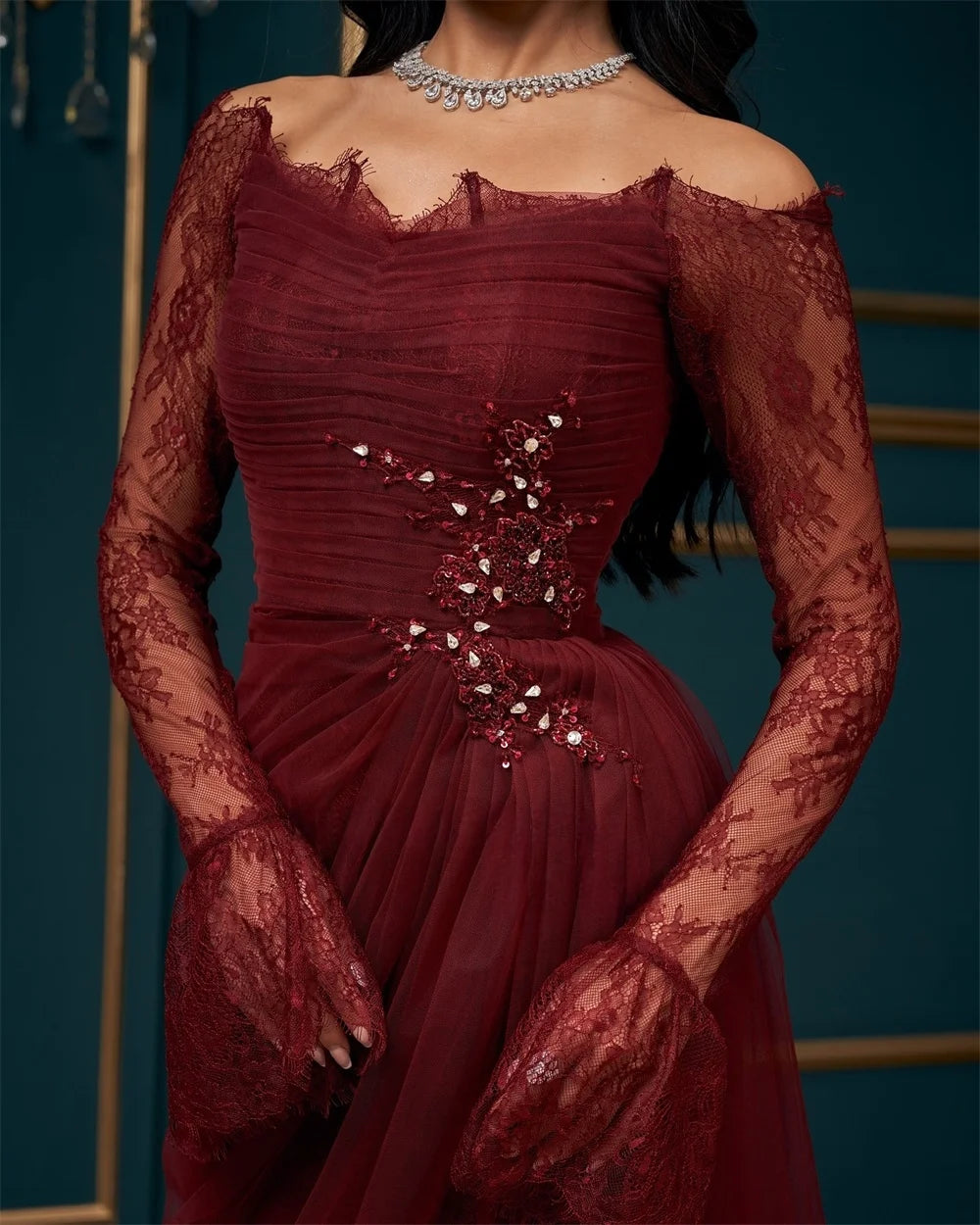 Mila Red Off the Shoulder A-Line Party Dresses Tulle Crystal Long Sleeve Prom Dresses Embroidery Evening Dresses Customized 2025