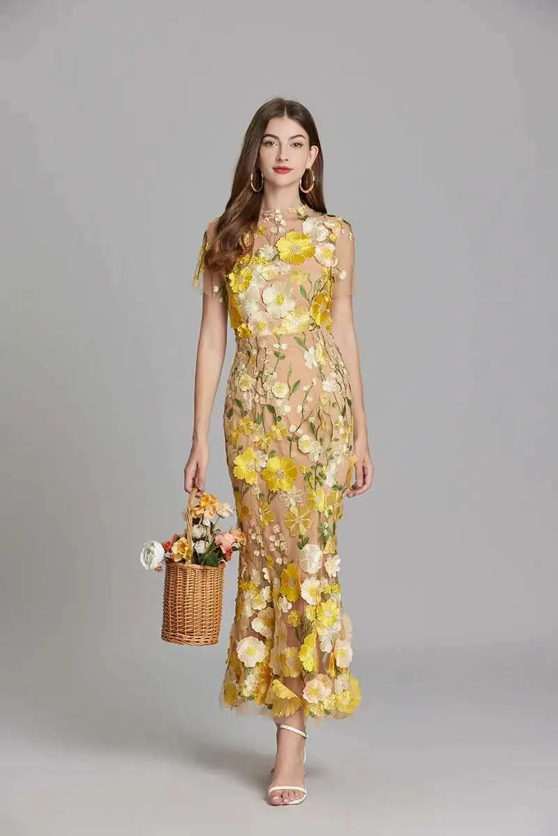 French Luxury 3D Flower Fishtail Lace Prom Dress – Women's Summer Short Sleeve Midi Evening Dress