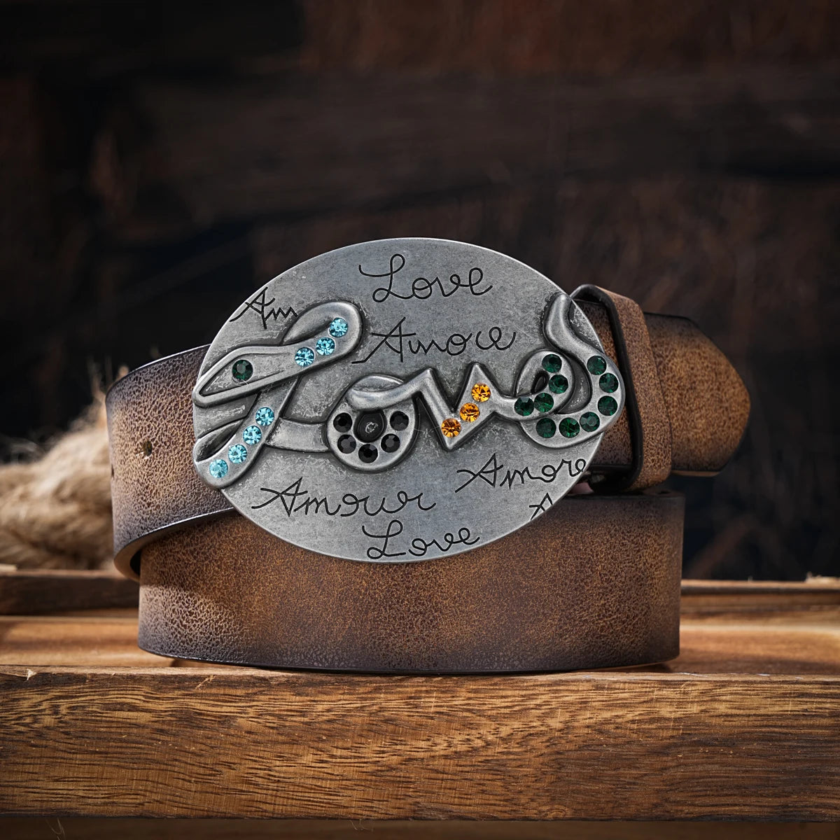 Men & Women Vintage Western PU Leather Belt with Floral Engraved Buckle