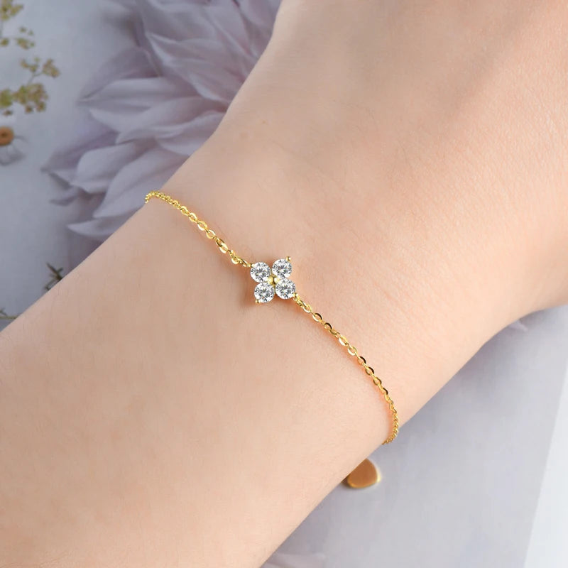 Lnngy Moissanite Four Leaf Flower Chain Bracelet for Women 925 Sterling Silver Niche Simple Desgin Bracelets Jewelry Accessories