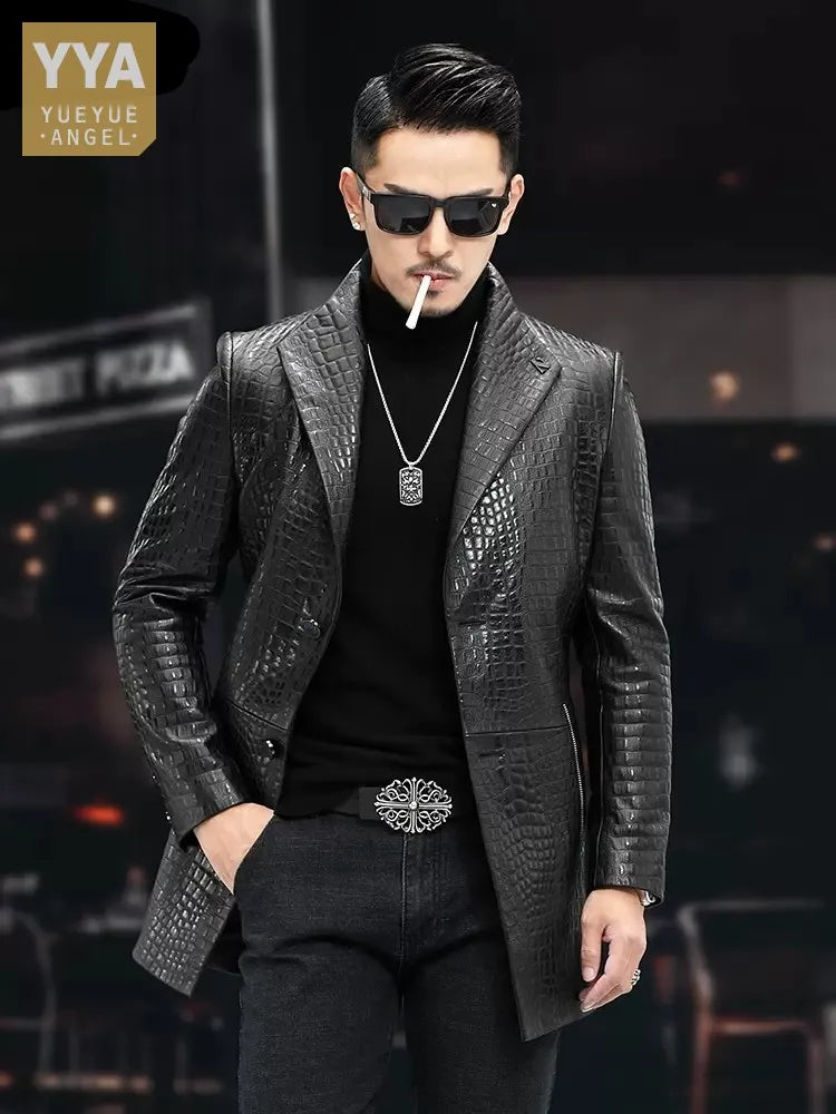 High Quality Luxury Genuine Leather Blazers Men Spring Slim Office Man Embossing Real Sheepskin Coat Suit Jacket Size Runs Small