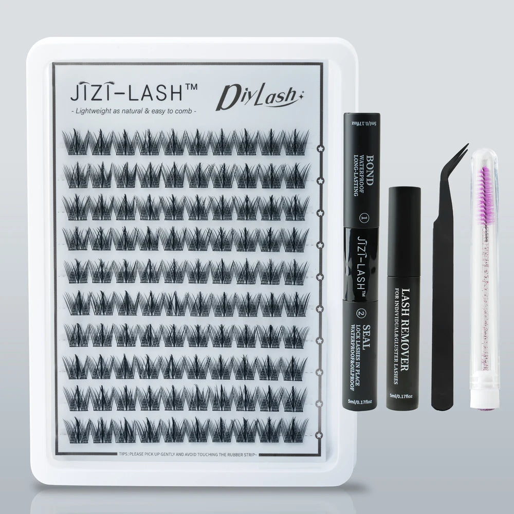 JIZI-LASH False Eyelashes Extensions Kit Lash Bond and Seal Lashes Remover Set 100Pcs DIY Long Clusters D Curved Make Up Tool