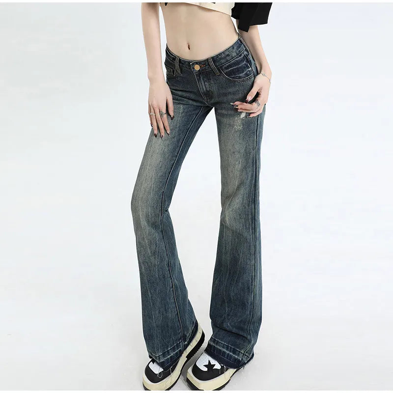 Vintage Women's Denim Low Rise Slightly Flared Jeans Pant Retro Pattern Printed Trendy Skin Fit Casual Daily Streetwear Trousers