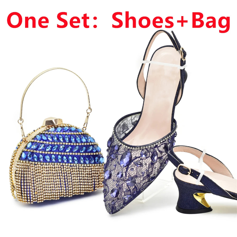 New Arrival Blue Shoes and Bags Set for Women Italian Shoe and Bag Set Designer 2025 Rhinestone Luxury Elegant Pumps for Women