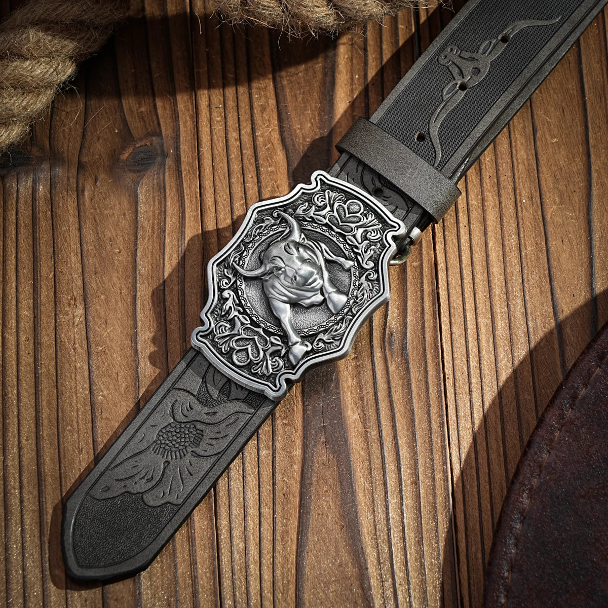 Western denim PU Belt - men's decorative printed carved denim waistband