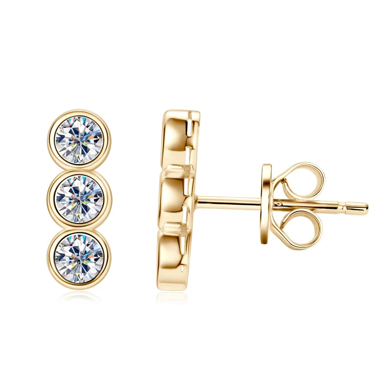 Lnngy Bezel Setting 3mm Moissanite Earrings 925 Sterling Silver Three Stone Stud Earring For Women Girls Fashion Daily Jewelry