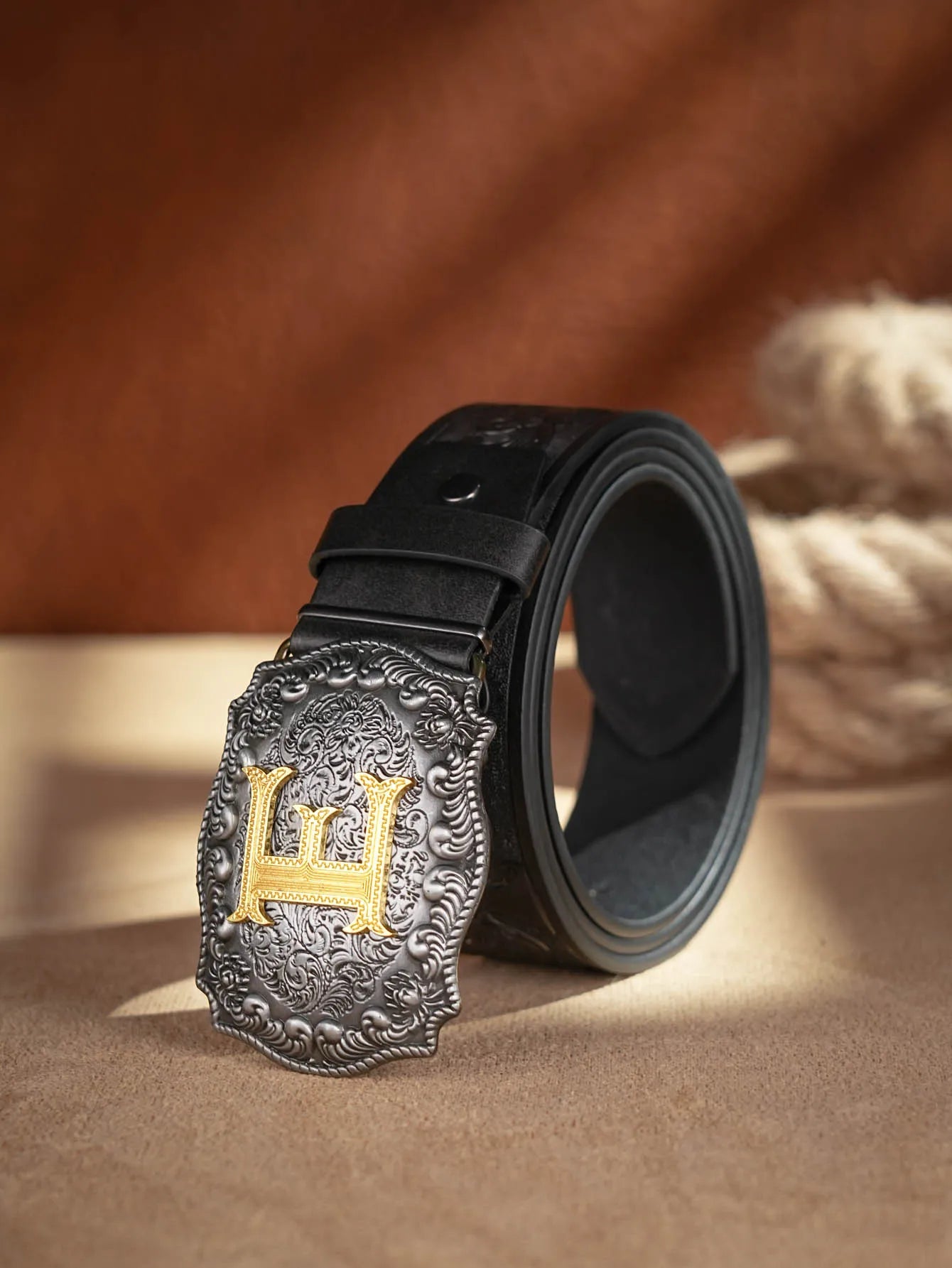 Western Cowboy PU Leather Belt - Men Waist Strap Bull Decoration Floral Engraved for Jeans