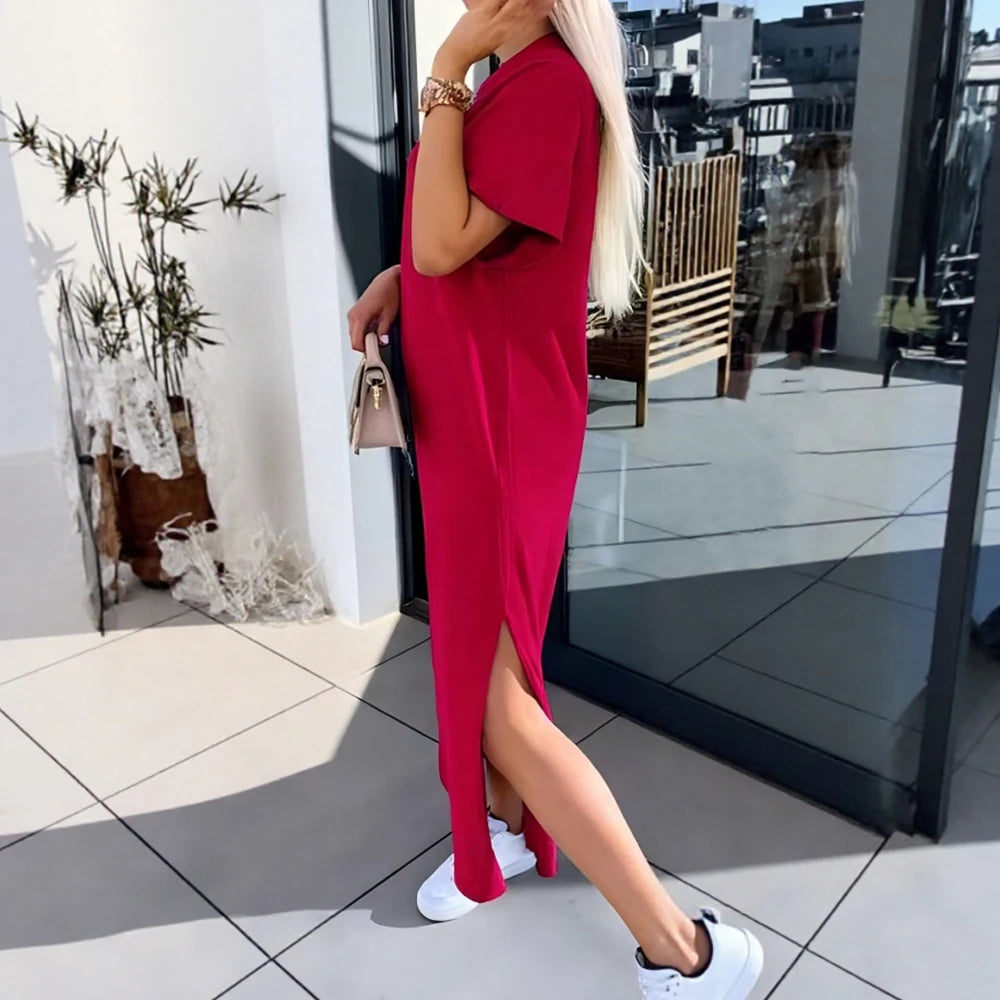 Rafiah Summer Dresses 2025 Women's Casual Solid Color Short Sleeve Crew Neck Daily Basic A-Line Long Arabian Dresses