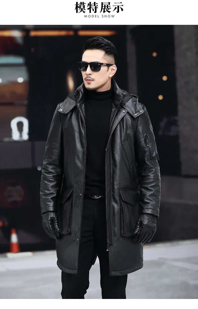Men's Leather Down Coat, Mid Length, Hooded, Thick Warm Jacket, Large Size Outerwear, Business Male Coat, Winter