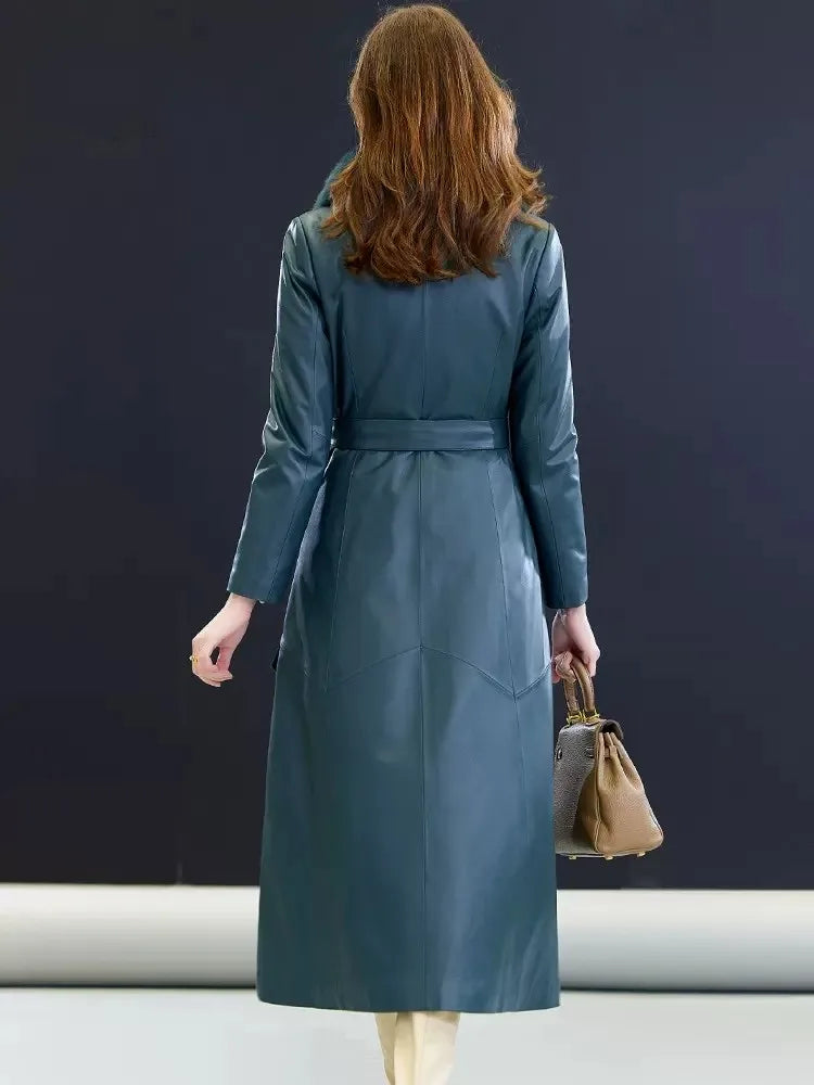 Real Fox Fur Collar Elegant Women Long Trench Coat Belted Slim Fit Winter Warm Sheepskin Down Coat Ladies Genuine Leather Jacket