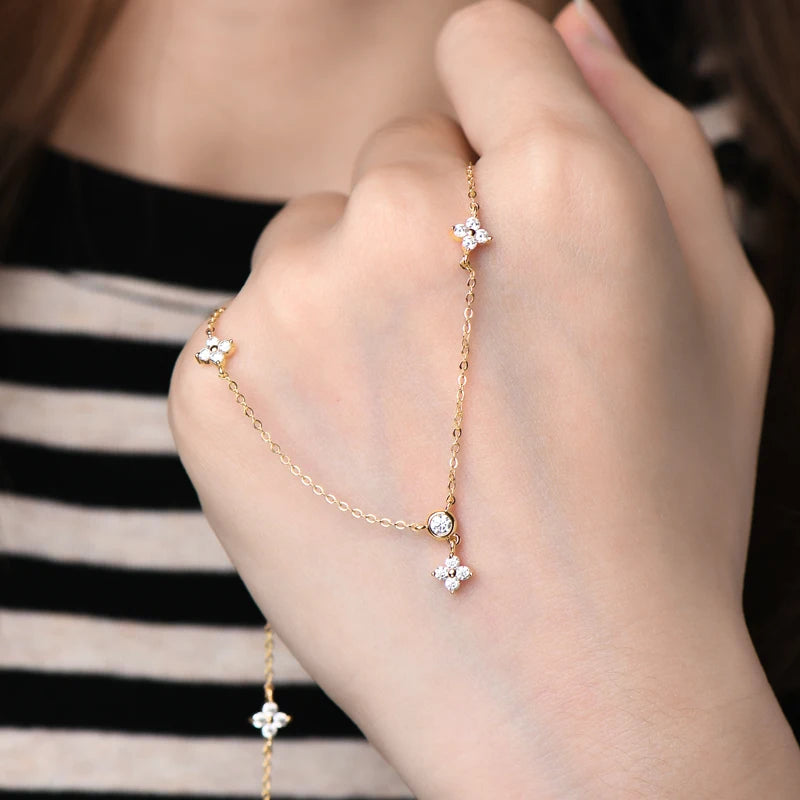 Lnngy Moissanite Necklace Bracelet Earring 925 Sterling Silver Four Leaf Flower Pendant Moissanites Jewelry Set For Wedding Gift