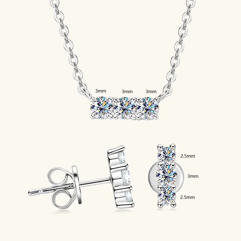 IOGOU 3mm Moissanite Jewelry Sets Real 925 Silver for Women 3 Stones Pendant Necklace Stud Earrings Set Valentine's Day Gifts