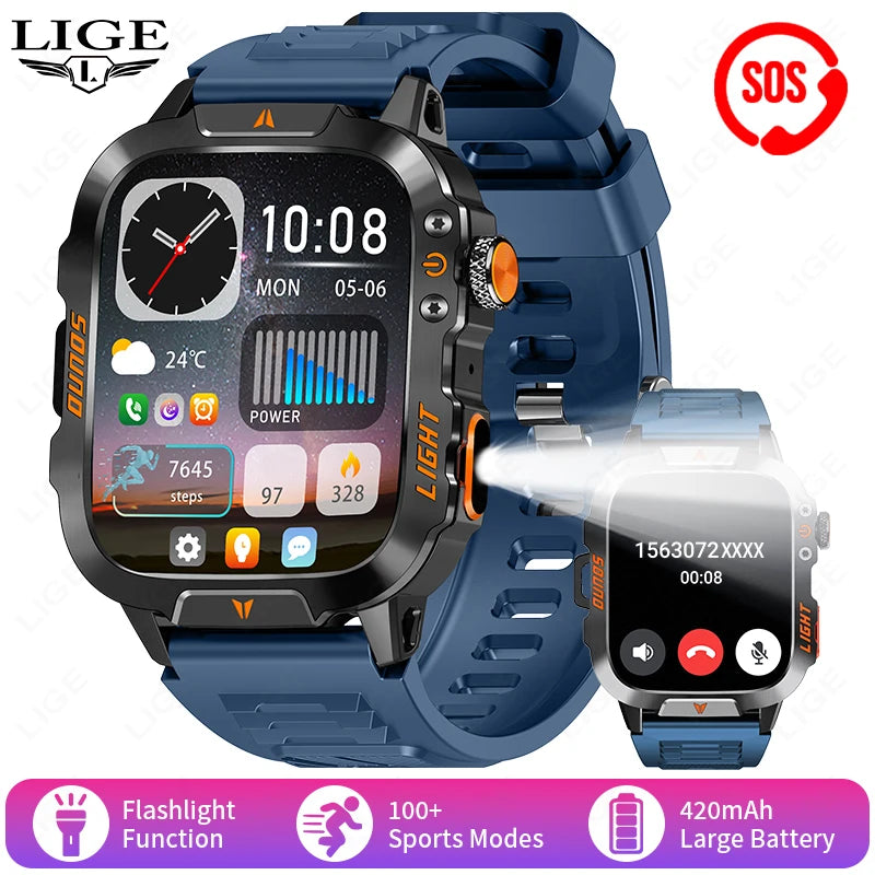 LIGE Military Smart Watch Men 1.96" Screen 3ATM Waterproof Bracelet Bluetooth Call AI Voice Sport Smartwatch With LED Flashlight