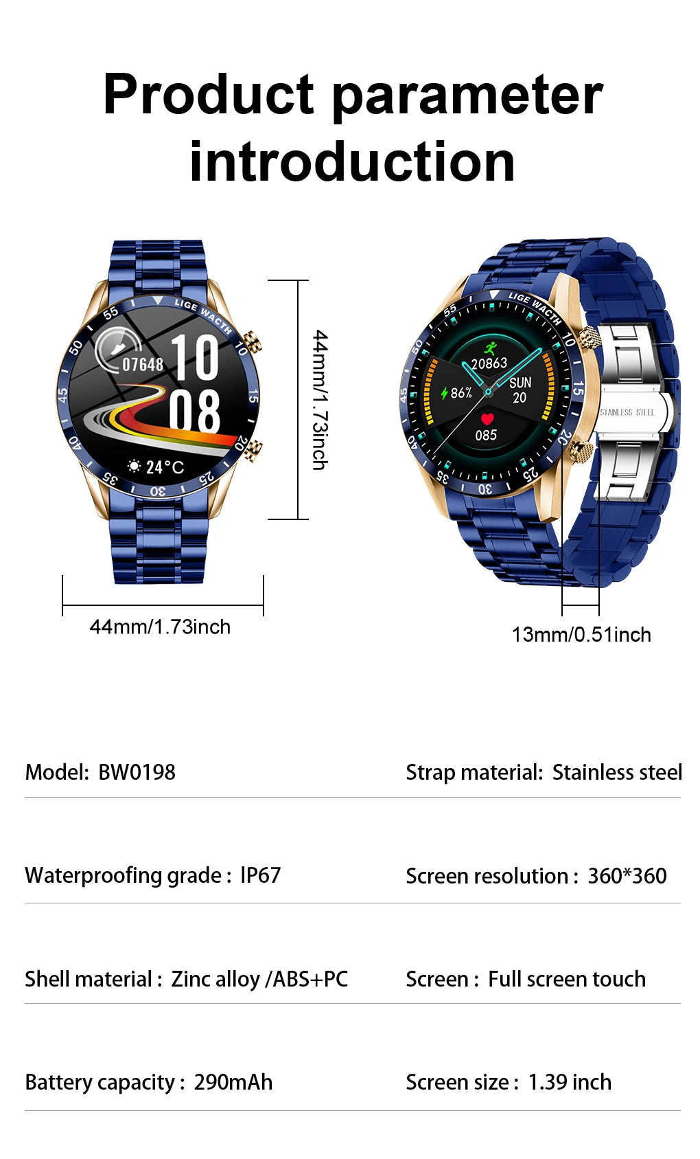 LIGE Original Smart Watch Men 1.39” HD Screen Bluetooth Call Men's Bracelet Heart Rate Blood Pressure Monitor Sports Smartwatch