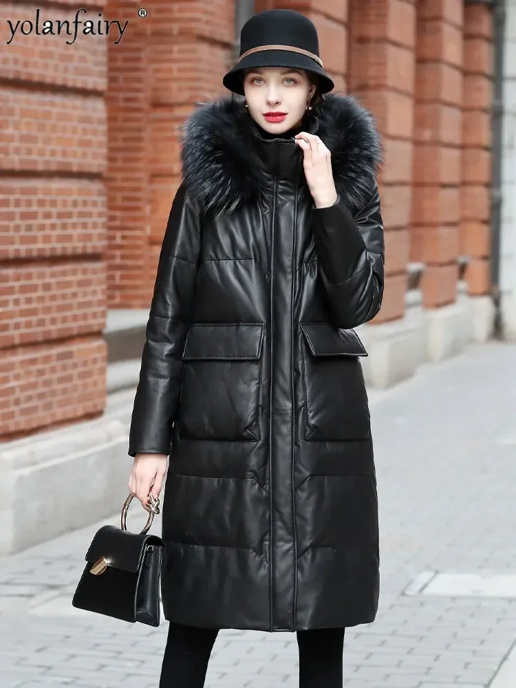 YOLANFAIRY Winter Long Coat Women's Genuine Leather Down Jacket for Women Sheepskin Coats Female Loose Versatile Fur Collar FCY