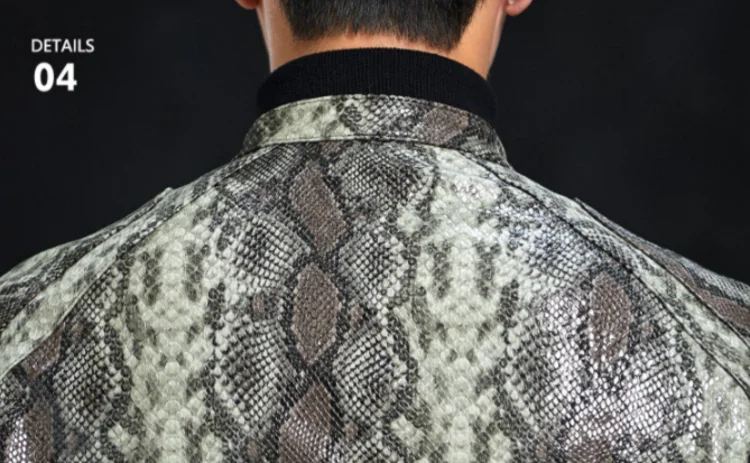 Men’s Python Pattern Sheepskin Leather Jacket – Slim Fit Stand Collar Moto Biker Coat
